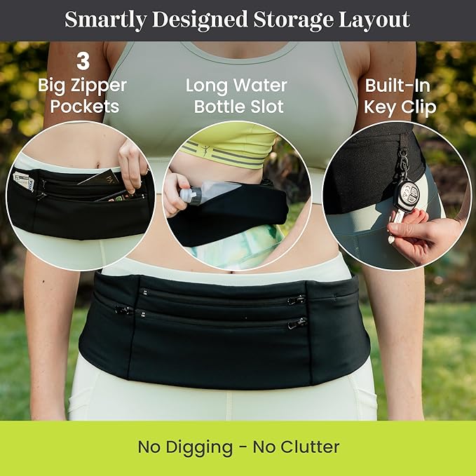 Running Belt Money Belt, 3 Large Zippered Pockets | Fanny Pack - Adjustable No-Bounce, 1 Waterproof Pocket, Water Bottle Holder, Key Clip, Fits Phone, Passport & More - Image 3