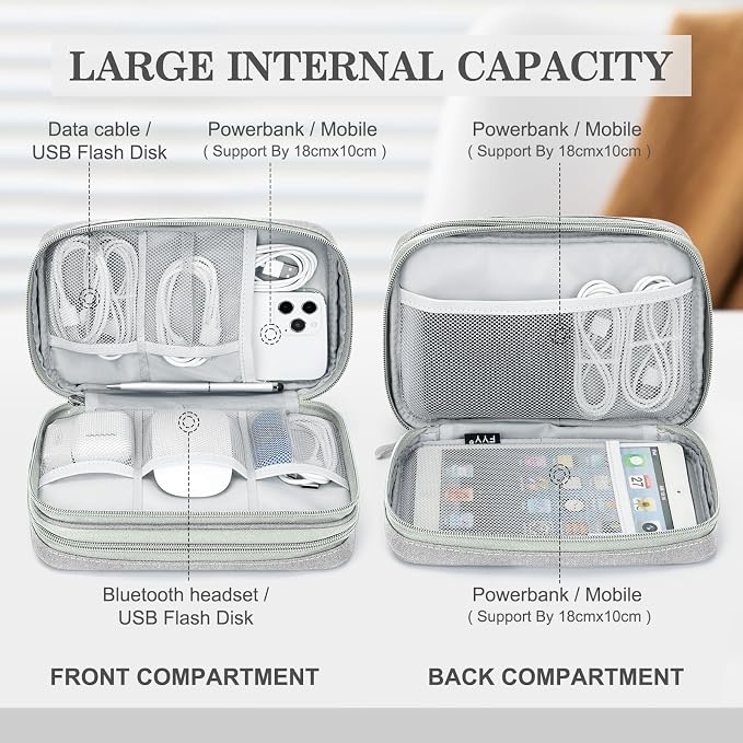 FYY Electronic Organizer, Travel Tech Pouch Bag, Large, Grey | Wrist Strap, Waterproof, Double Layers Portable Electronics Travel Carrying Case for Cord, Charger, Daily Business Trips Use - Image 3