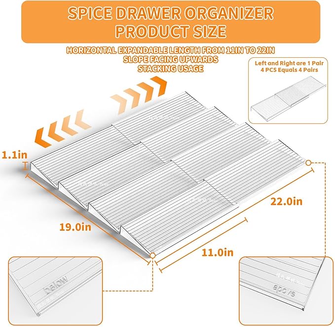 8 Pack Adjustable In Drawer Spice Organizer - Expandable From 11'' to 22'' - Acrylic Drawer Seasoning Organizer,Clear Spice Organization Tray for Cabinet Drawers Condiment,Nail Polish and Jar - Image 3