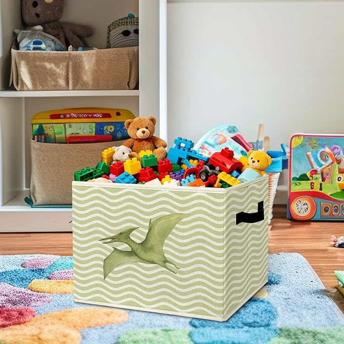 Vintage Dinosaur Boy Nursery Storage Bins Box with Handles Organizer Basket | pterodactyl foldable basket for organizing, dino green stripe collapsible toys clothes for playroom toddler bedroom, 10x14 in - Image 2