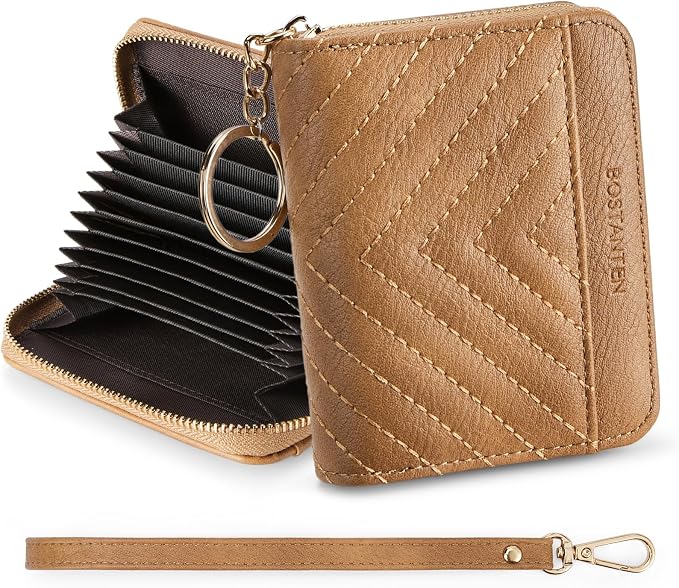 BOSTANTEN Credit Card Holder Small RFID Wallet Women with Keychain Wristlet | Compact, Accordion Design, Easy Organization, Fits Small Purses, Quilted Vegan Leather, Perfect Gifts, Camel - Image 6