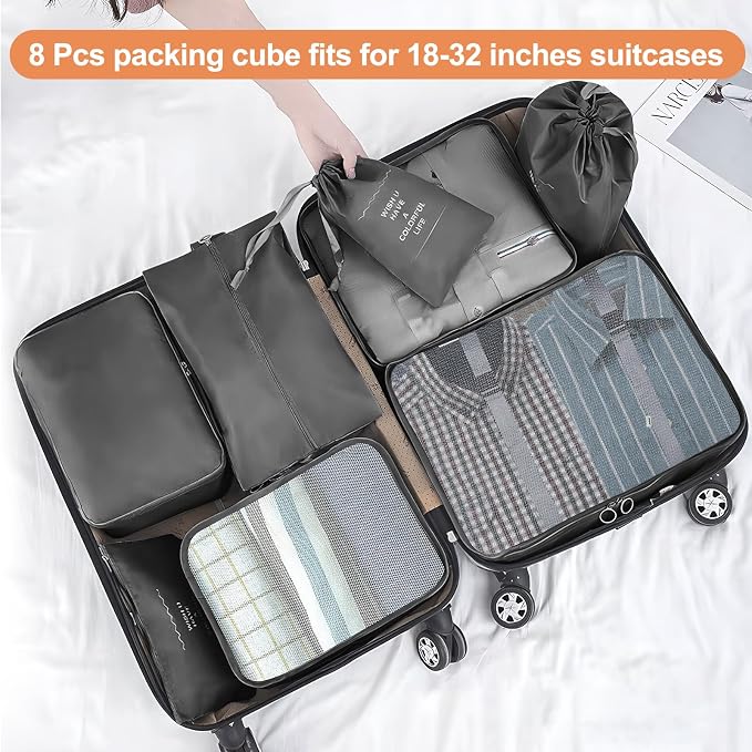Packing Cubes for Travel- 8 Set Luggage Organizer Bags for Family, Mesh Breathable Travel Packing Cubes for Suitcases Durable Travel Essentials Bags Set (Black, 8 Set) - Image 2