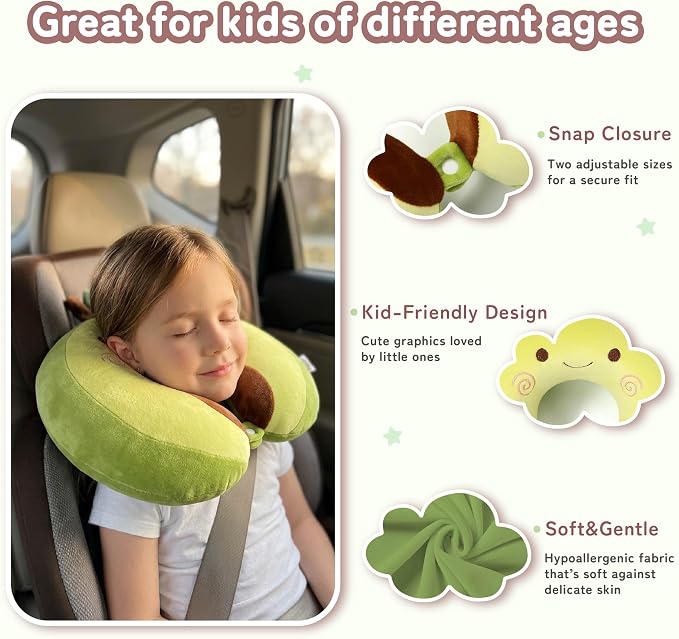 Kids Travel Neck Pillow for Ages 3-8, Memory Foam, Removable Cover, Avocado | Machine washable, 13 in neck size, hidden zipper, 360-degree head and chin support, car seat and airplane use - Image 5