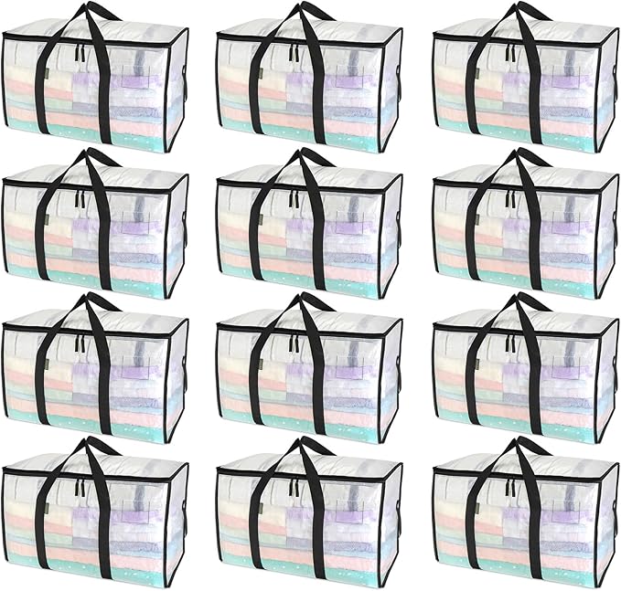 BALEINE 12-Pack Oversized Moving Bags with Reinforced Handles, Heavy-Duty Storage Tote for Clothes, Moving Supplies (Clear, 12-Pack) by BALEINE