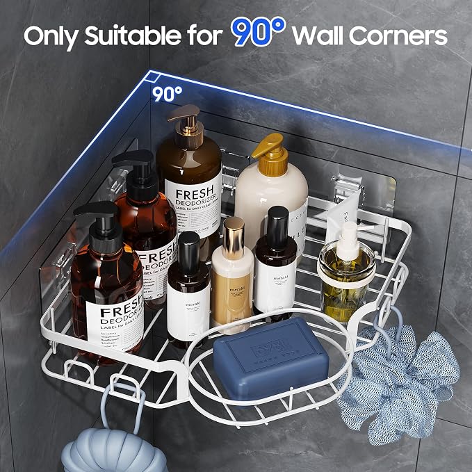 Corner Shower Caddy, Rustproof Shower Organizer with Soap Holder and 8 Hooks, No Drilling Adhesive Shower Shelves for Inside Shower, Large Capacity Shower Rack for Bathroom Shower Storage, White - Image 3