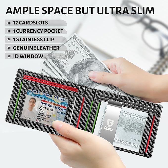 GSOIAX Slim Wallet for Men Rfid Blocking Leather Bifold Front Pocket Carbon Fiber Men's Money Clips Credit Card Holder With Gift Box (Carbon money clip) - Image 3