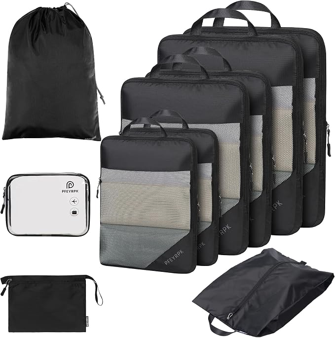 PFEYRPK Lightweight Compression Packing Cubes for Suitcases, Compressible Expandable Travel Packing Organizer with Clear Toiletries and Backpack Bag, Travel Essentials for Carry on Luggage 7 Set by PFEYRPK