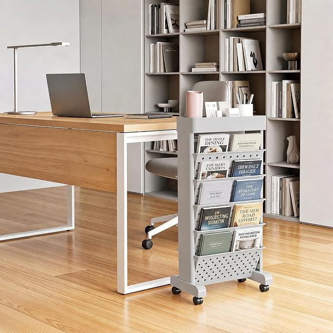 BYFU 6-Tier Rolling Bookshelf Cart, Grey | Movable with Wheels, File Paper Storage Organizer, For Home Office Study Classroom - Image 2