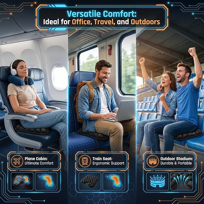 Inflatable Seat Cushion for Long Sitting, 54 High-Low Air Cell Travel Seat Cushion for Airplane, Office Chair, Car & Wheelchair, Adjustable Firmness Pressure Relief Seat Pad, 16.5" x 15.8" - Image 4