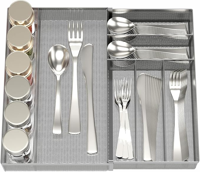 JANE EYRE Utensil Drawer Organizer - Expandable Cutlery Tray, Silverware/Flatware Storage Divider for Kitchen, Mesh Designing with Non-slip Rubber Feet (Silver) by JANEEYRE