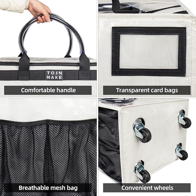 Reusable Grocery Bag On Wheels, Shopping Trolley, Rolling Tote with 8 Pockets and Zipper Cover, Foldable, Heavy Duty Handles, Carries Up to 46 LBS (Medium, Beige) - Image 4