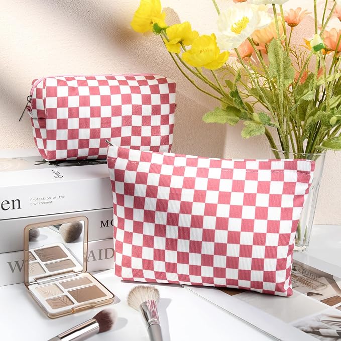 SOIDRAM 2 Pcs Checkered Makeup Bag Large Cosmetic Bag Toiletry Bag Makeup Pouch Travel Bag Organizer Cute Makeup Brushes Aesthetic Accessories Storage Bag for Women Peach Pink - Image 2