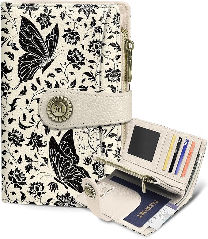 Butterfly Wallet Women RFID, Passport Holder, Credit Card Holder | 6.7" x 4.4" x 1.3" Bifold, Travel billfold, Zipper Pocket, PU Leather, Clutch, Purse, ID Window, Pen Holder, Gift Ladies Girl by Mavellin
