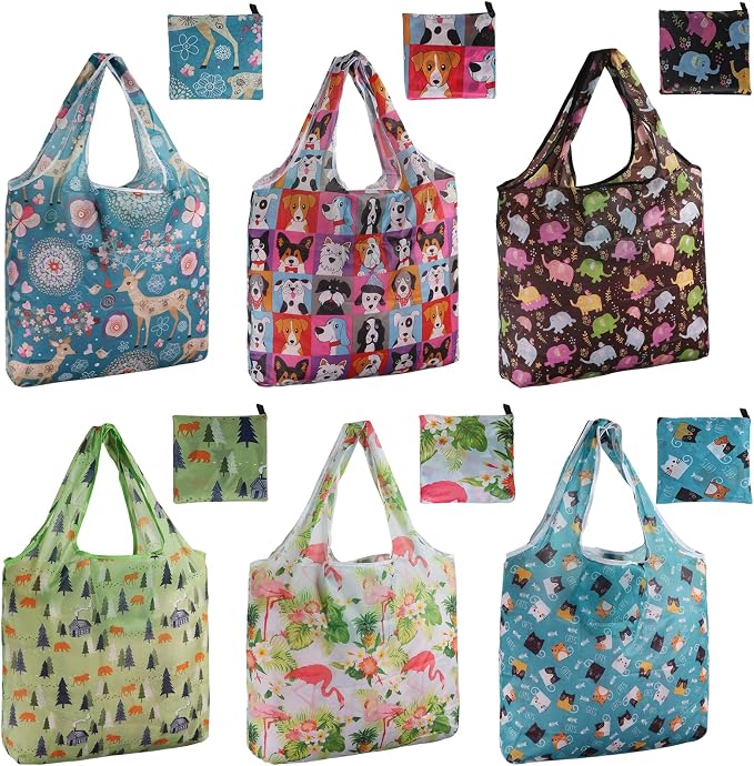 Reusable Grocery Shopping Bags 6|10 Pack, Foldable Tote Bags, Machine Washable Nylon Shopping Totes for Groceries by SZUAH
