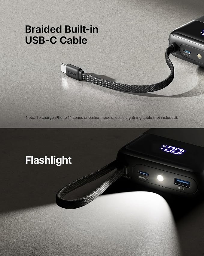 INIU 20000mAh Portable Charger, Smaller 45W Fast Charging Travel Power Bank | Flight-Safe, Built in USB-C Cable, Travel Essential, Battery Phone Pack for iPhone 17 16 Pro, Samsung S26, iPad etc - Image 5