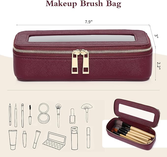 Pinkmik Makeup Brush Case, Burgundy, SLIM | Clear Travel Cosmetic & Toiletry Bag, Small Makeup Bag, Zipper Purse Organizer, Car Essential Bag for Women - Image 2