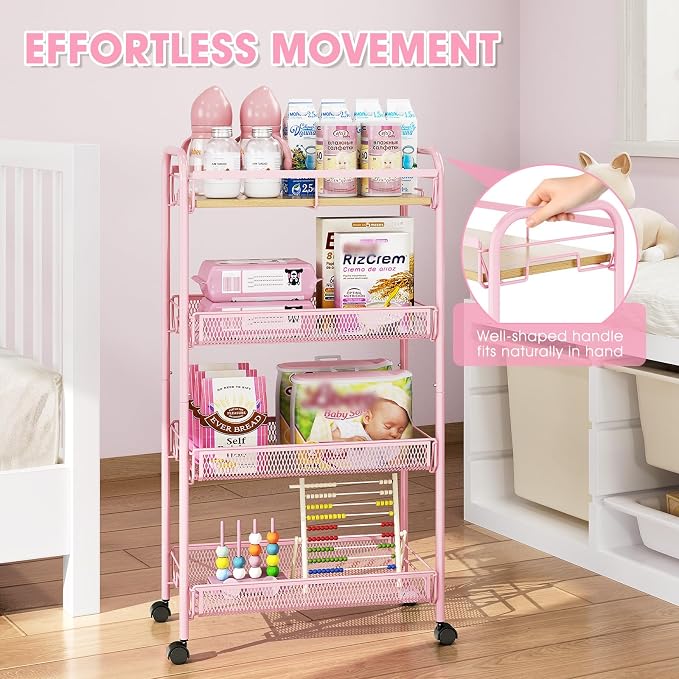 TOOLF 4-Tier Rolling Cart, Metal Utility Cart, Slide Out Storage Cart with Wooden Tabletop and Mesh Baskets, Easy Assemble Trolley for Kitchen Bathroom Laundry Room Bedroom Apartments Dormitory - Image 3