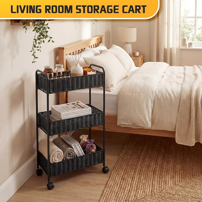 Utility Slim Storage Cart,3-Tier Rolling Kitchen Office Laundry Room Cart,Mobile Shelving Unit Organizer for Living Room Bathroom Baby Diaper Narrow Places (Black, 3 Tiers-7.1 inch (W)) - Image 6