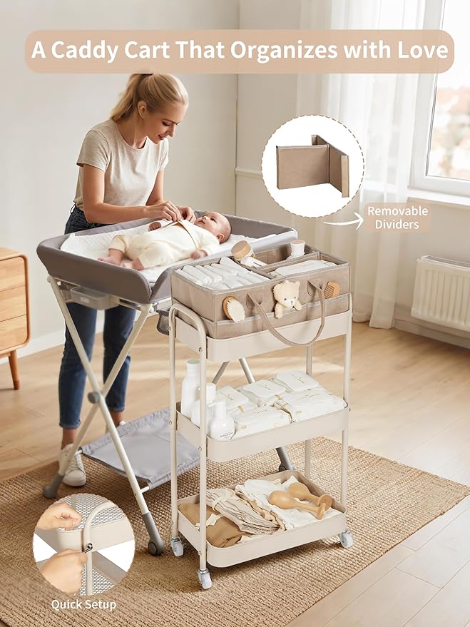 Baby Diaper Caddy, 3 Tier Rolling Cart for Baby Essentials, Taupe | Diaper Cart with Detachable Dividers, Nursery Storage & Bottle Organizer, Bedside Caddy for Bedroom and Living Room - Image 5