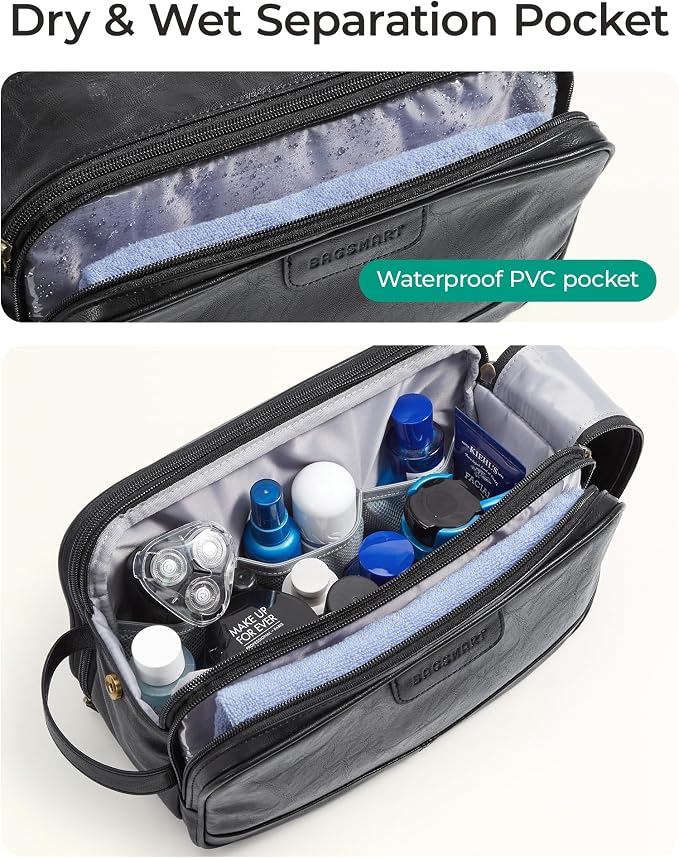 BAGSMART Medium Toiletry Bag for Men, PU Leather Water Resistant, Navy Blue | High-gloss, Travel Bag for Toiletries, Dopp Kit, Shaving Bag for Bathroom Shower - Image 4