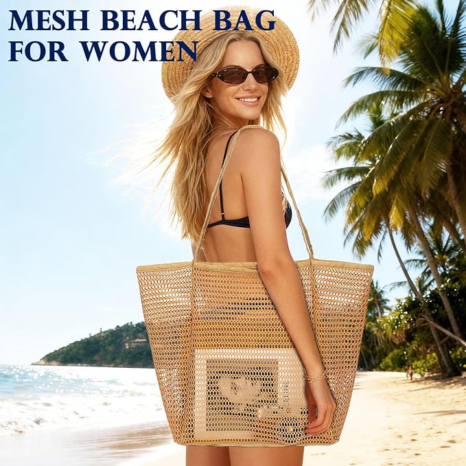 Fammart Mesh Beach Bag for Women, Summer Straw Tote Hobo Pool Bags with Zipper Pocket, Travel Vacation Cruise Essentials 2026 - Image 2