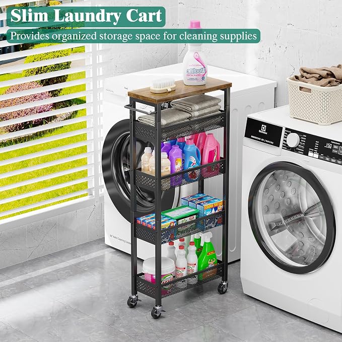 Slim Storage Cart 5 Tier Narrow Kitchen Rolling Cart on Wheels for Small Space, Metal Utility Cart Narrow Bathroom Storage Cabinet Mobile Shelf Unit Organizer with Wood Top and Handle, Black - Image 3