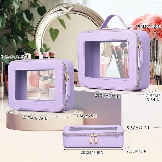 Pinkmik Clear Makeup Bag, (Purple, L+M+SLIM) | 3pcs, With Brush Bag, Waterproof Travel Case, For Cosmetics and Toiletries, With Zipper - Image 2