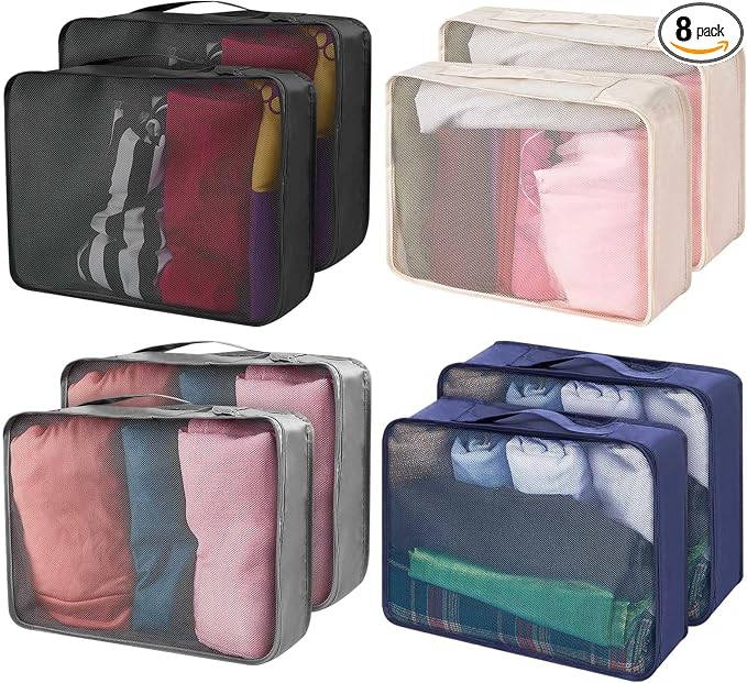 Silkfly 8 Pcs XL Packing Cube for Travel Luggage,Simple,Multicolor | 17.7 x 13 x 4.7, Same Size, Mix Color Suitcase Storage Organizer Set, Reusable Mesh Clothes Cube for Hiking Camp Family by Silkfly