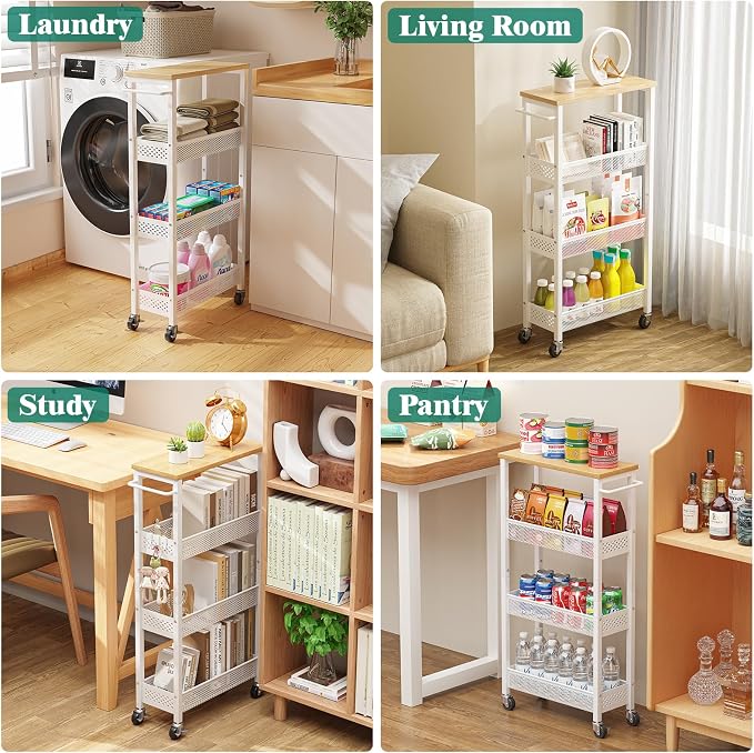 Slim Rolling Storage Cart 4 Tier Bathroom Organizer Mobile Shelving Unit Utility Cart with Wood Top and Handle for Kitchen Laundry Narrow Places, White - Image 7