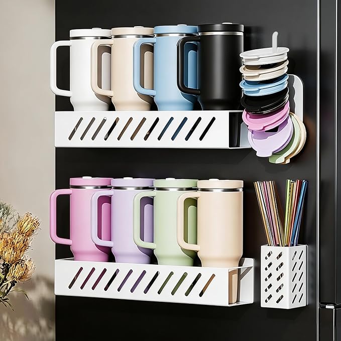 Magnetic Stanley Cup Holder for 8 Tumblers, Lid & Straw, 2-Pack, White | 2-pack magnetic holder for 8 Stanley 30/40 oz tumblers with lid & straw storage, secure fridge mount, white by Unknown