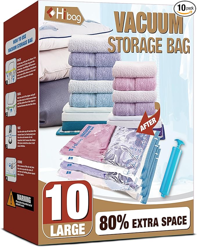 Vacuum Storage Bags, 10 Large Vacuum Seal Bags for Clothing | Extra Large XL, Airtight Triple Seal, Save 80% Space, Hand Pump, Work with Vacuum, Double Zip, Reusable, Easy to Use by HIBAG