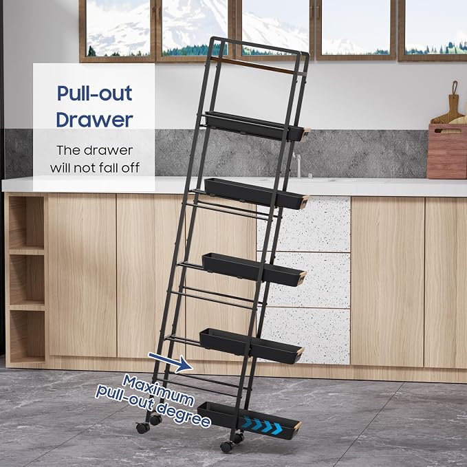 6 Tier Slim Storage Cart with Pull-Out Baskets Rolling Cart with Wheels Wood Top Narrow Utility Cart Metal Shelving Units for Pantry Laundry Room Bathroom Kitchen Black 8in(W) - Image 4