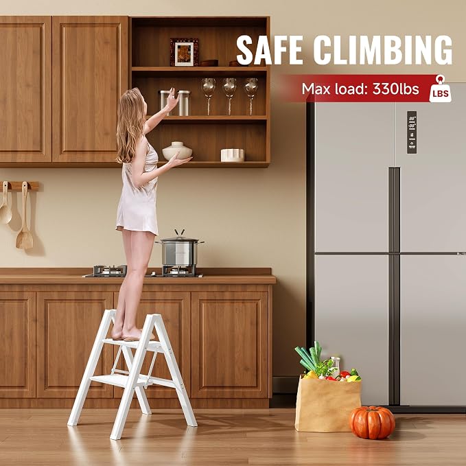 2 Step Ladder, Folding Step Stool with Anti-Slip Wide Pedal | Lightweight, Aluminum Material, 330LBS Load, Portable, Easy Storage, Space Saving, for Kitchen, Bedroom Use, White - Image 3