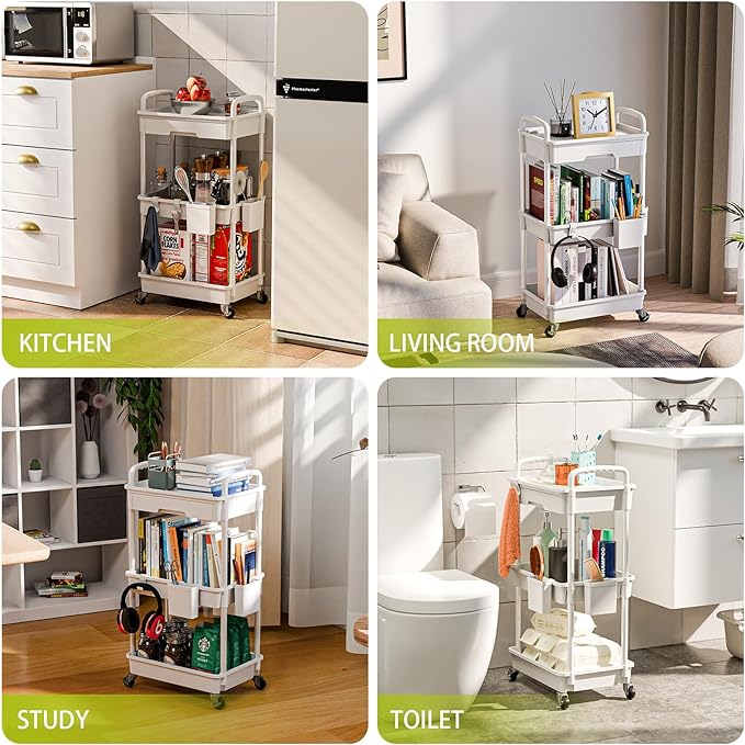 Sorgion 3 Tier Rolling Cart Organizer,Laundry Room Bathroom Organizers and Storage Office Shelves Mobile Shelving Unit Kitchen Trolley Cart with Wheels for Art,Craft,Diaper,Bedside,Snack(White) - Image 6
