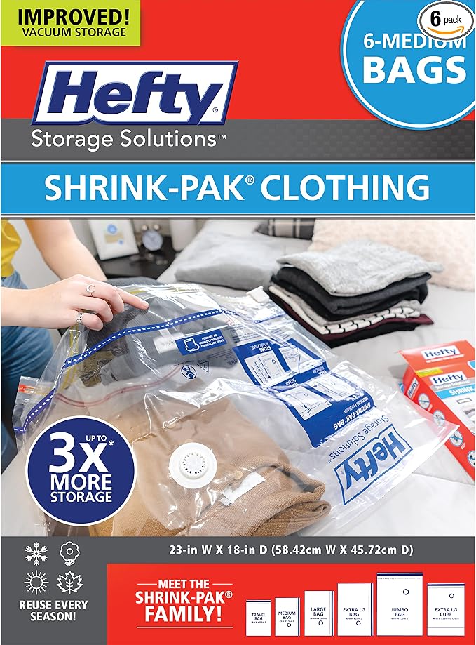 Hefty Shrink-Pak Vacuum Storage Bags - Space Saver for Under Bed Storage, Clothing and Comforters, 3X More Storage Space, 6 Medium Zipper Bags by HeftyShrinkPak