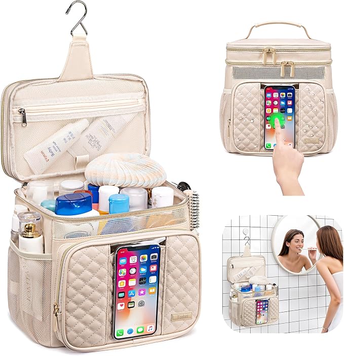 Large Leather Toiletry Bag for Women Men,Bathroom Bag,Water Resistant Shower Bag,Makeup Bag,Portable Shower Caddy for College Dorm,Hanging Travel Toiletry Bag with Transparent Waterproof Phone Pocket - Image 2