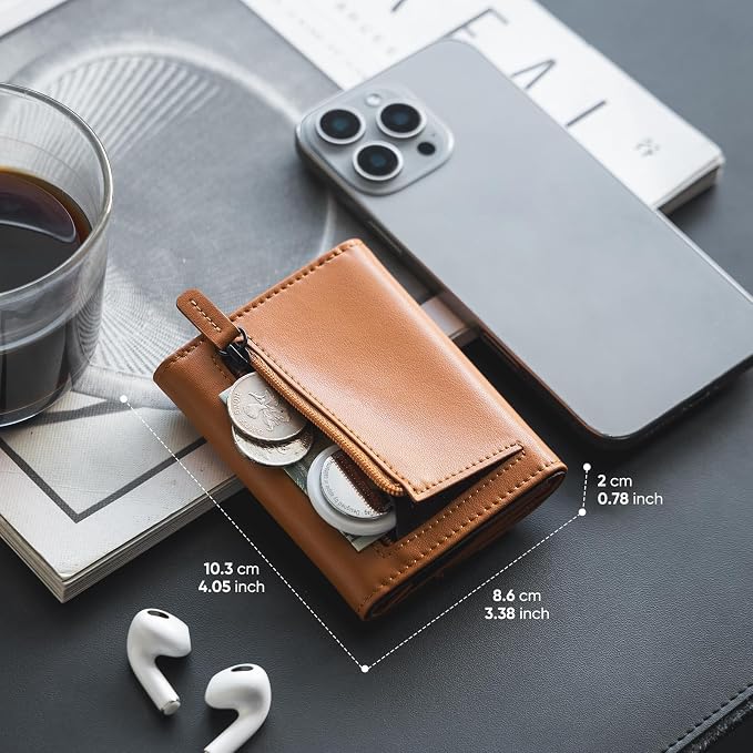 VULKIT Mens Wallet RFID Blocking Leather Compact Trifold with Zippered Coin Pocket, ID Window and Business Card Holder Brown - Image 4