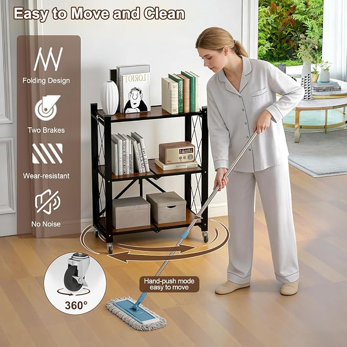3 Tier Folding Shelf with Wheels, Wood and Metal Bookshelf | No Assembly Foldable Storage Shelves, Vintage Storage Rack for Living Room, Bedroom, and Home Office - Image 6