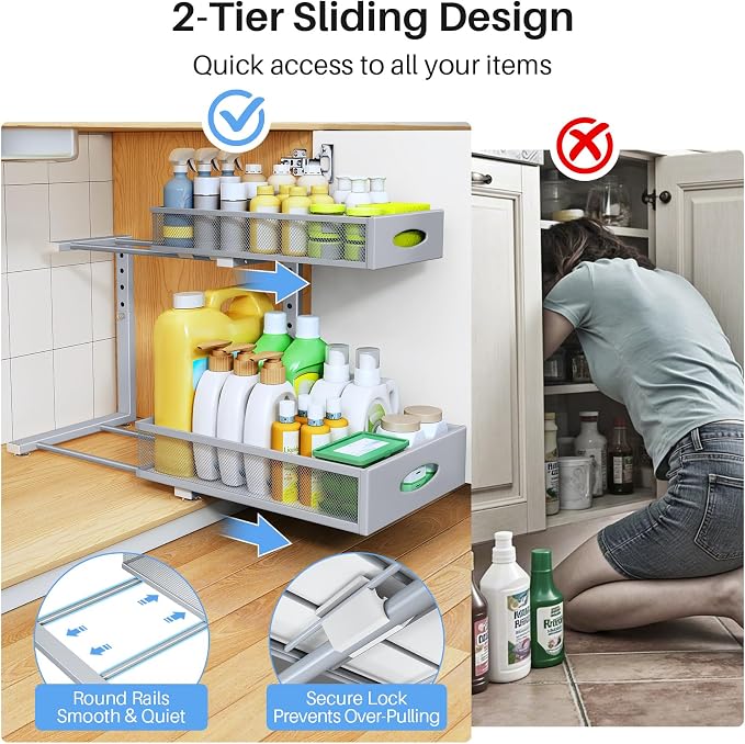 Under Sink Organizer, 2 Pack 2 Tier Pull Out Under Cabinet Organizer Shelf with Pad for Framed Cabinets, Metal Slide Out Under Sink Storage, Mesh Sliding Drawers for Kitchen Bathroom Laundry, Grey - Image 5