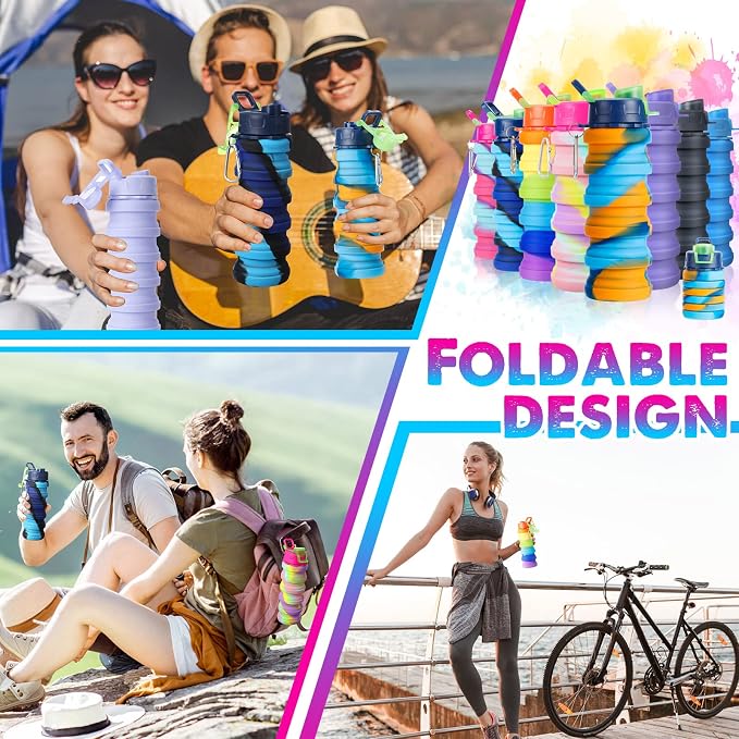 Chengu 8 Pcs Collapsible Water Bottles 16 oz Foldable Travel Bottles Bulk | Leakproof Reusable with Clip, Portable for Camping Hiking Cycling Gym Yoga, Space-saving Collapsible Design - Image 2