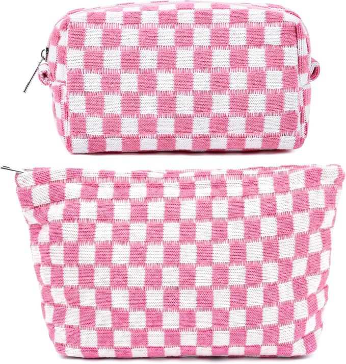 SOIDRAM 2 Pieces Makeup Bag Large Checkered Cosmetic Bag Capacity Canvas Mix Travel Toiletry Bag Organizer Cute Makeup Brushes Aesthetic Accessories Storage Bag for Women, Pink checkered by SOIDRAM