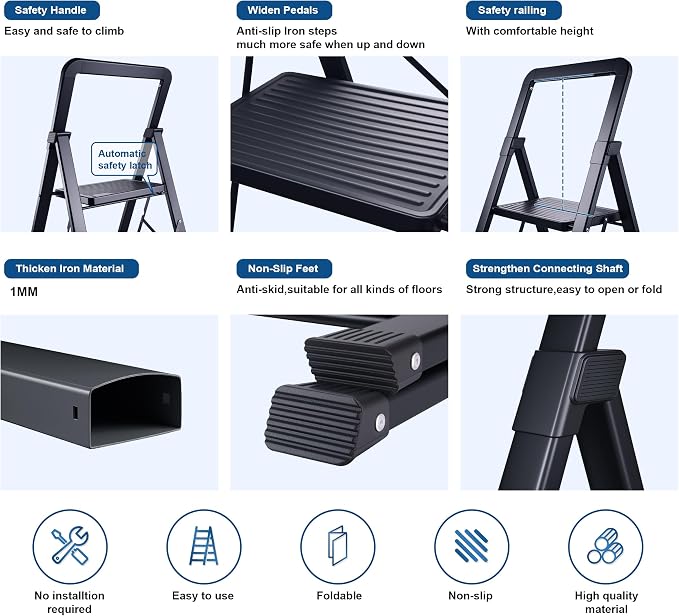 Step Ladder 4-Step Black Finish Folding Ladders | Anti-slip Sturdy Foldable Ladder Step Stool for Kitchen Home Office Libaray - Image 3