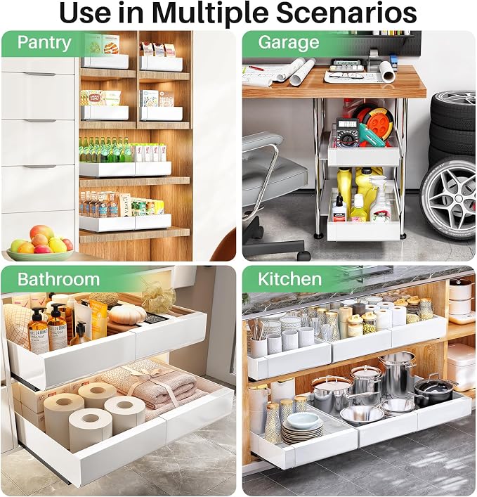 Pull out Cabinet Organizer, Wider Expandable(14"-24") Heavy Duty Slide out Drawers Fixed with Adhesive Nano Film for Pots, Roll out Shelf Storage for Kitchen Cabinet Organization(White-2pcs)(3 Rails) - Image 9