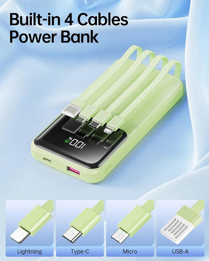 Portable Charger with Built in Cable 20000mAh Fast Charging | Power Bank USB C Slim 22.5W LED Display Battery Pack 5 Outputs & 3 Inputs for Travel Essentials iPhone Samsung Phones Green - Image 2