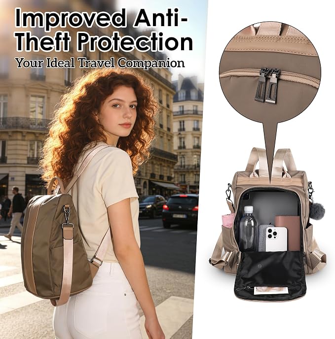 PINCNEL Women Medium Backpack Purse Waterproof Nylon Anti-theft Rucksack Lightweight Shoulder Bag Mocha - Image 4