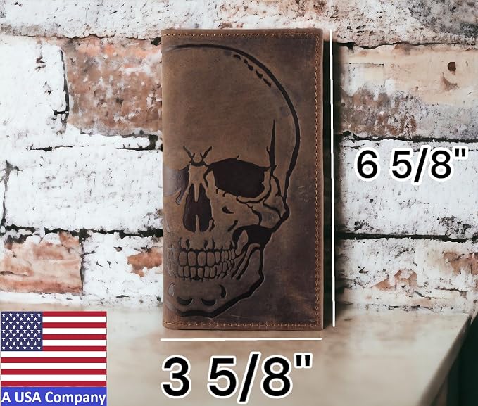 Men's RFID Vintage Look Genuine Leather Long Bifold Wallet Checkbook Wallets,buffalo wax leather,classic brown skull,240-120 - Image 3
