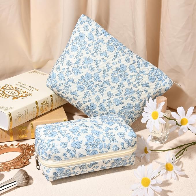 SOIDRAM 2 Pcs Makeup Bag Large Cosmetic Bag Toiletry Bag Makeup Pouch Travel Bag Organizer Cute Makeup Brushes Aesthetic Accessories Storage Bag for Women Blue Floral - Image 5