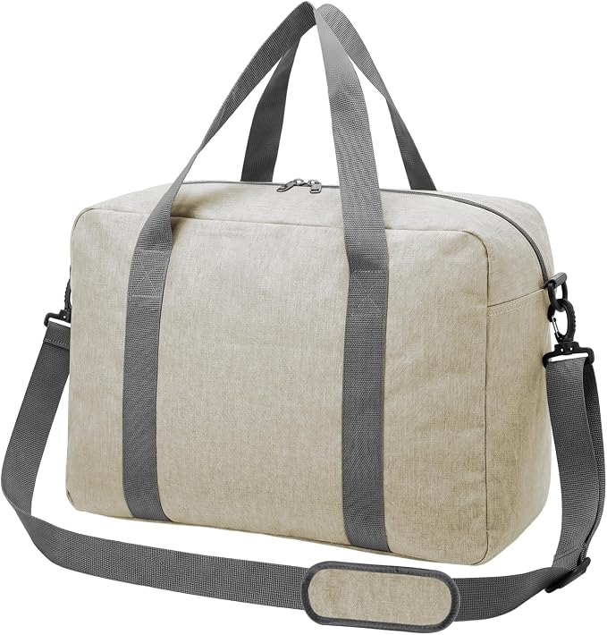 30L Foldable Underseat Travel Duffel Bag 17.3"x13.8"x7.9" – Lightweight Carry on Luggage for Women and Men, Waterproof Overnight Bag, Gym Sport Holdall, Hospital Tote with Trolley Sleeve, Beige by WAAYAA