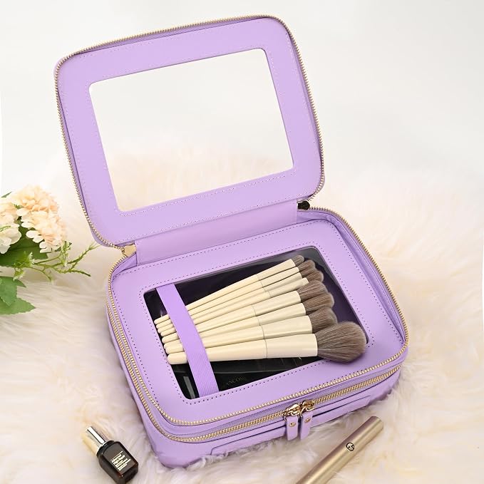 Aveniee Clear Makeup Bags, Double Layer Cosmetic Bags with a Separate Brush Compartment, Large Travel Toiletry Bag Train Case for Women, Travel Accessories Organizer.2 Layers Large, Lilac - Image 4