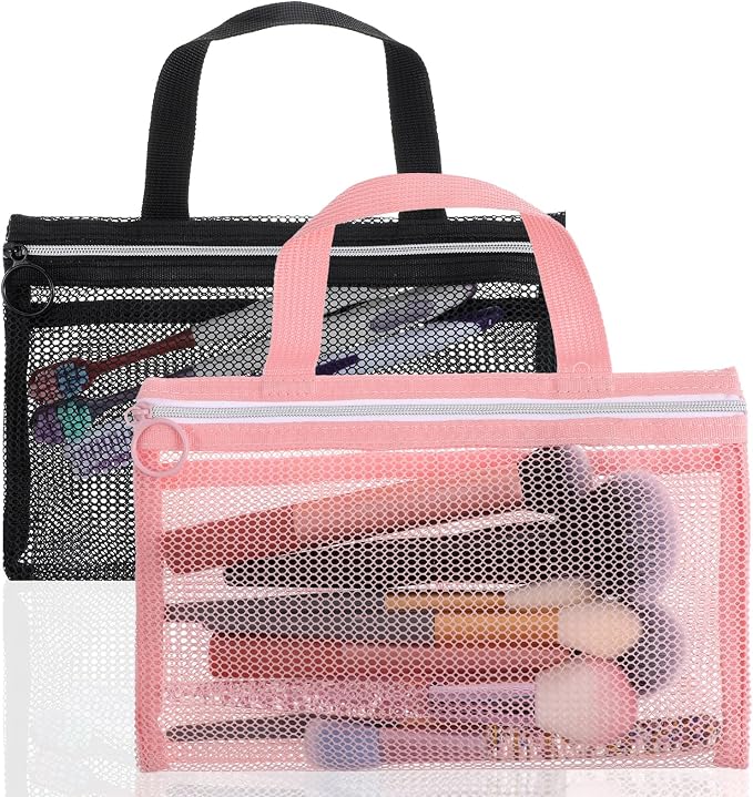 2 Pcs Toothbrush Pouch, Mini Travel Toiletry Bags for Men and Women Portable Square Mesh Storage Bags with Zipper Travel Accessories for Home Office Supplies (Pink and Black) by Unknown